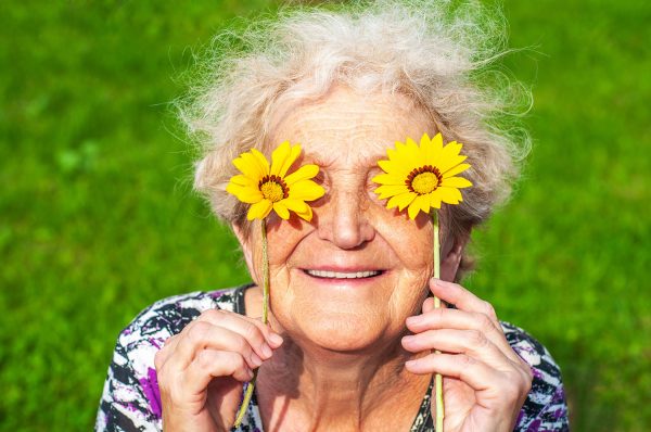 A cheerful grandmother looks at the flower look of yellow daisies. Women's health, skin care, eyesight, sunburn, healthy teeth, wrinkles in old age